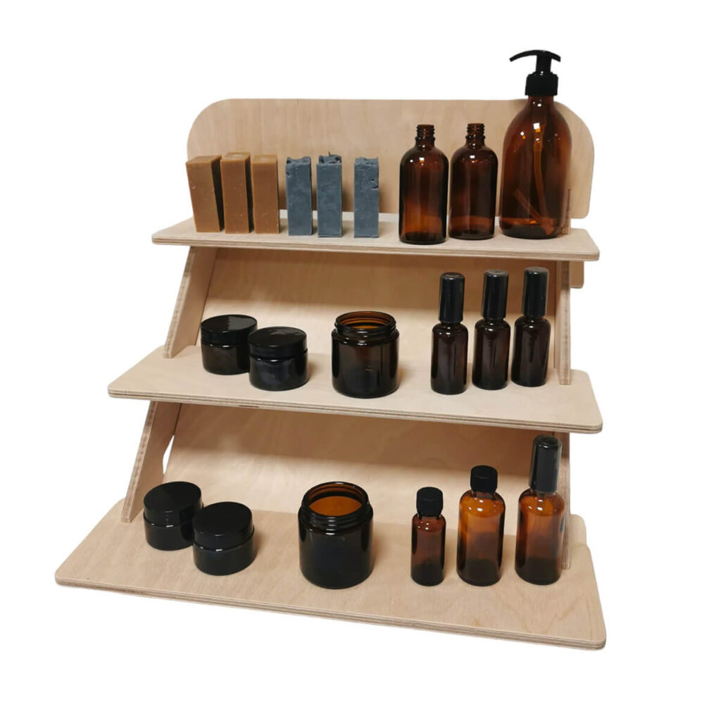 Petit présentoir en bois pour savons et produits cosmétiques