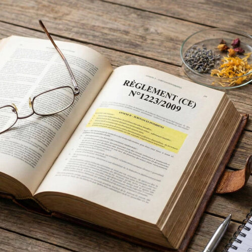 Règlement cosmétique européen CE 1223/2009 ouvert sur une table en bois, avec pH-mètre, ingrédients végétaux et checklist INCI pour savonnerie artisanale.