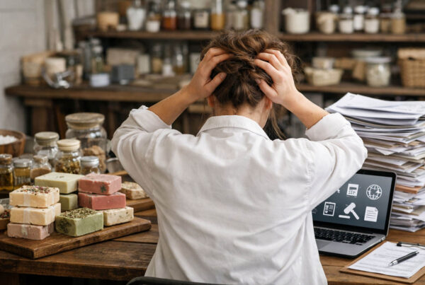 Savonnière artisanale stressée dans son atelier, entourée de savons naturels, de documents administratifs et d’un ordinateur lié à la réglementation cosmétique.