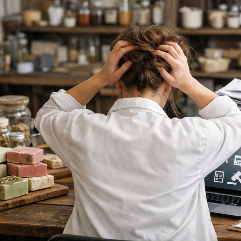 produit cosmétique Kaolin cosmetiques Savonnière artisanale stressée dans son atelier, entourée de savons naturels, de documents administratifs et d’un ordinateur lié à la réglementation cosmétique.